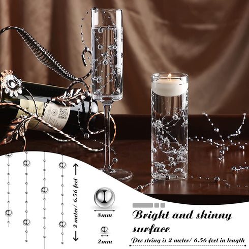 157 Feet 24 Strings Pearl String for Floating Candles Highlight Faux Pearl for Vase Filler for Wedding Dinning Table Party Home Centerpieces (Silver)