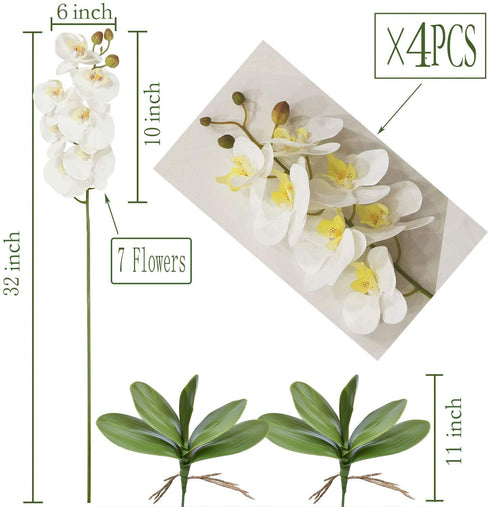 FagusHome 32" Artificial Phalaenopsis Flowers 4 Pcs with 2 Bundles Leaves Artificial Orchid Flowers Stem Plants for Home Décor (White)