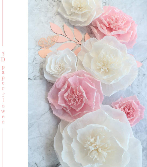 13 Pieces 3D Paper Flowers Pink White with Trees 10" 8" 6" 4" Craft DIY Large Wall Decorations Pom Pom Giant Backdrop Photo Booth Baby Shower Decor Centerpiece Wedding Birthday Party Craft Art