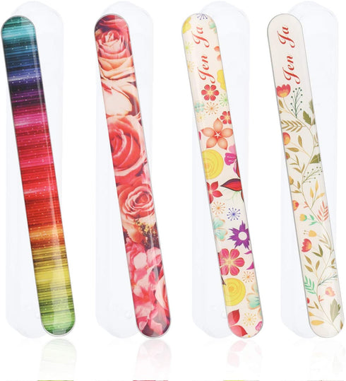 4 Pack Crystal Glass Nail File with Case, Senignol Flowers Nano Glass Nail Shine Buffers Polisher for Professional Manicure Nail Care Fingernail File for Salon &Home Natural Nail Art Use