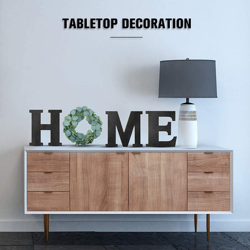 Wooden Home Sign Decorative Wooden Letters with Wreath Rustic Wall Hanging Wooden Home Sign Wall Decor Signs with Artificial Eucalyptus for Home Decor Living Room House, 9.8 x 8.5 Inch (Black)