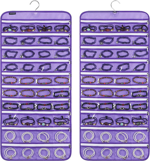 ANZORG 80 Zippered Pockets Hanging Jewelry Organizer for Holding Jewelries Dual-Sided Accessory Display Holder for Earrings Bracelets Rings (80 Zippered Pockets-Purple)