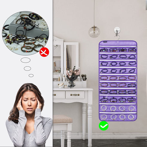 ANZORG 80 Zippered Pockets Hanging Jewelry Organizer for Holding Jewelries Dual-Sided Accessory Display Holder for Earrings Bracelets Rings (80 Zippered Pockets-Purple)