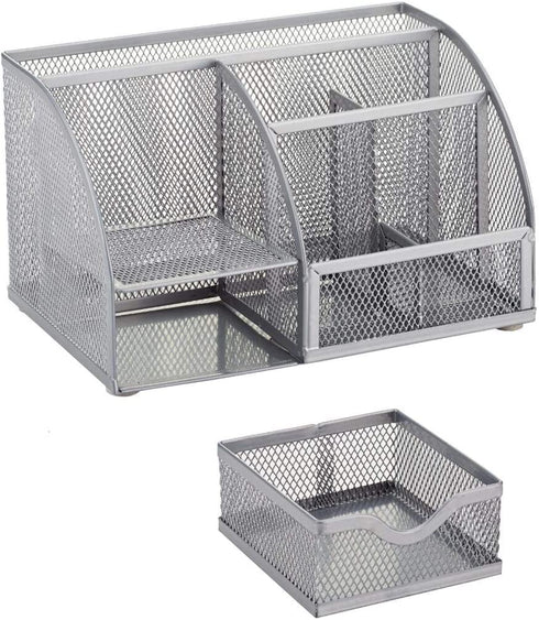Annova Mesh Desk Organizer Office with 7 Compartments + Drawer/Desk Tidy Candy/Pen Holder/Multifunctional Organizer - Silver - Grey