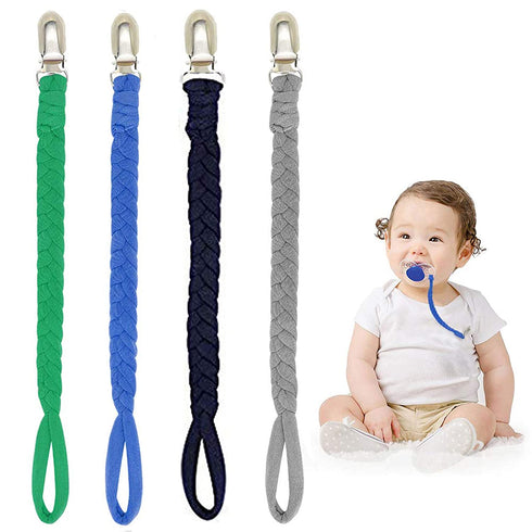 Pacifier Clip for Boys - 4 Pcs Pacifier Holder Leash for Girls, Soft Braided Pacifier Clips 100% Handmade Fits All Pacifiers, Modern Unisex Binky Holder(Green/Jewel Blue/Navy Blue/Gray)