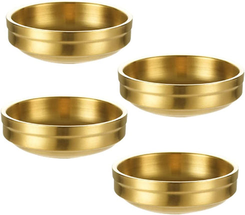 4PCS Double-Deck Mini Stainless Steel Sauce Dish, Round Seasoning Bowls, Sushi Dipping Pinch Bowl Saucers, Salad Dressing Plates for Appetizer, Side Dish, French Fries, Ketchup (3.5oz, Gold)