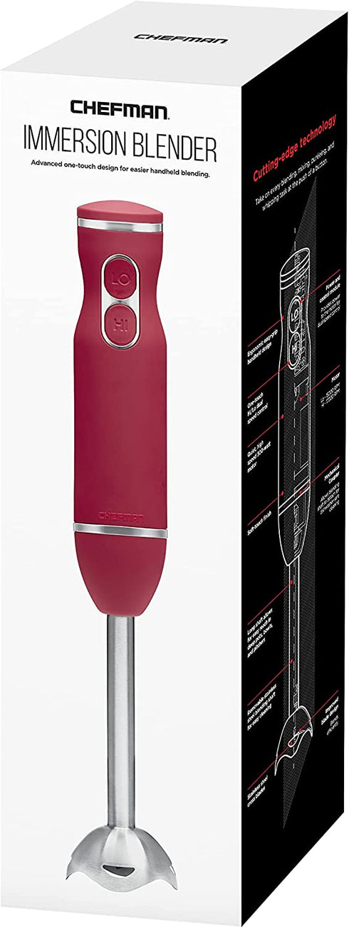 Chefman Immersion Stick Hand Blender with Stainless Steel Blades, Powerful Electric Ice Crushing 2-Speed Control Handheld Food Mixer, Purees, Smoothies, Shakes, Sauces & Soups, Red