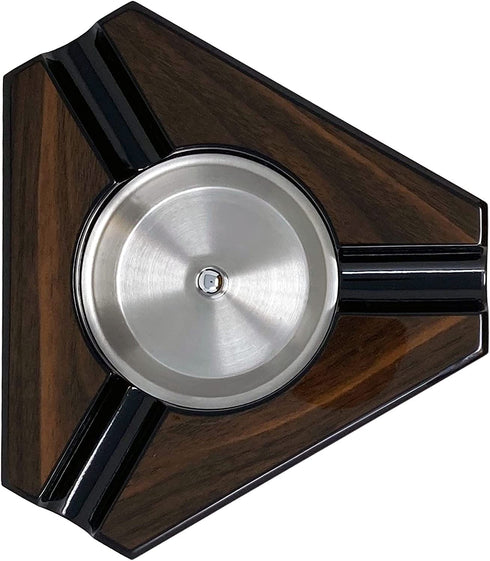 Prestige Import Group - Triangular Maple Lacquer 3 Cigar Ashtray - Dark Maple Wood and Black Accents