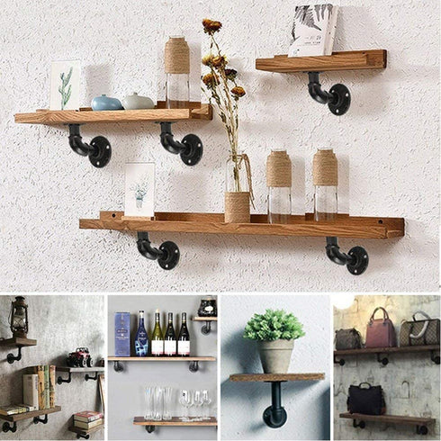 TLBTEK 4Pack Pipe Shelf Brackets Industrial DIY Pipe Decor Wall Shelves Brackets for Wood Floating Shelf Rustic Shelving Pipe Brackets Hardware Included