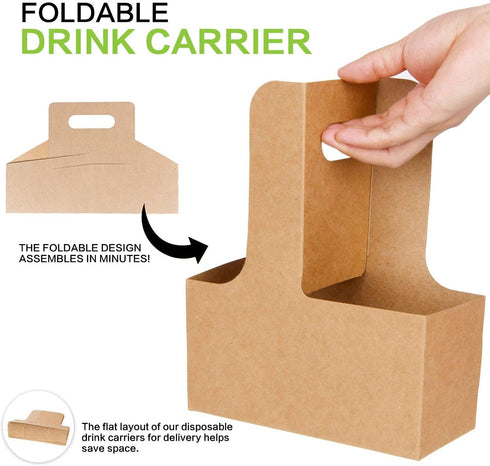 Karderon Kraft Drink Carrier with Handles (40 Pack) - 2 Cups or 4 Cups Assemblable Beverage Cup Carriers Great for All Your Beverage Delivery