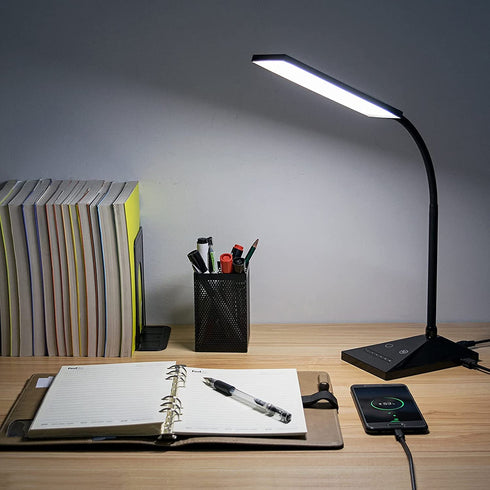 LED Desk Lamp, RAOYI 12W Dimmable Table Lamp Eye-Caring Reading Light with USB Charging Port, Touch Control, 5 Lighting Modes and 7-Level Brightness for Home Office Bedrooms (Black)