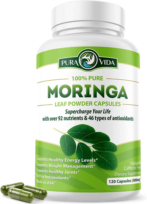 Moringa Capsules by Pura Vida Moringa | Organic Moringa Powder | Natural Anti-Inflammatory. Energy, Metabolism, & Immune Support. Single Origin Moringa Leaf Powder. 120ct. 500mg Caps.