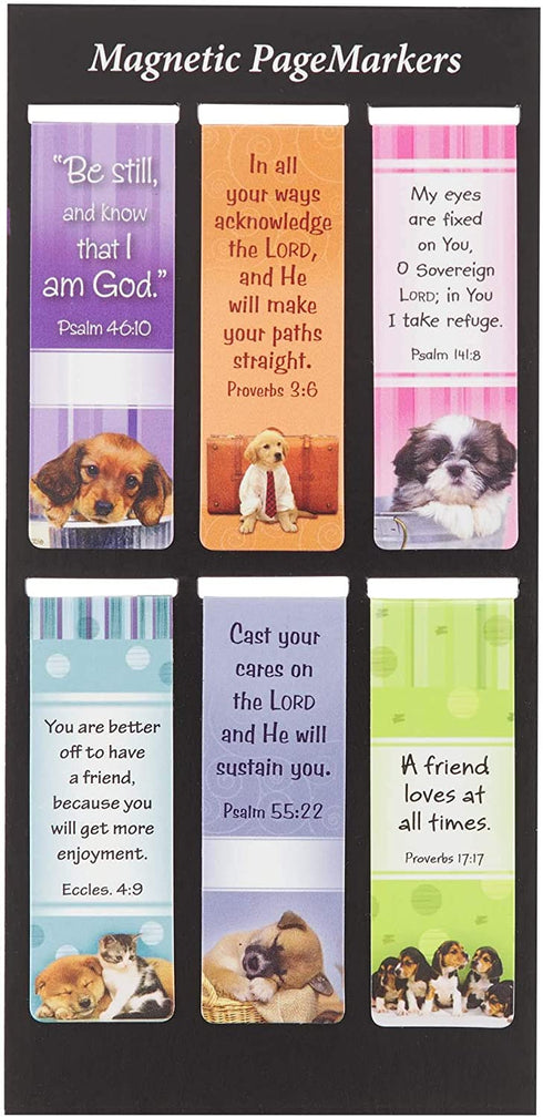 Christian Art Gifts Set of 6 Puppy Faces (Style #2) Inspirational Magnetic Bible Verse Bookmark, Size Small 2.3" x .75"
