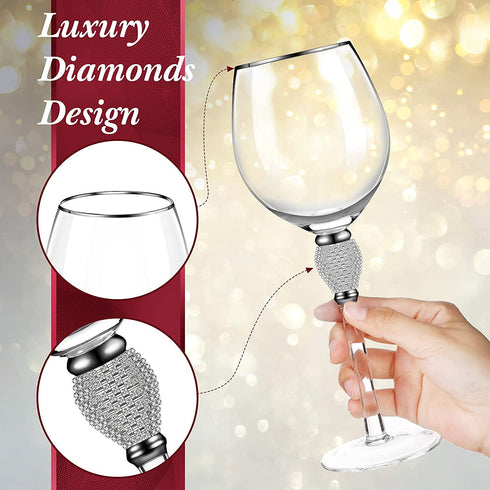 2 Pieces Rhinestone Red Wine Glass with Rim Tulip Shaped Diamond Wine Glasses Long Stem Glassware for Wedding, Parties, Anniversary (Silver)