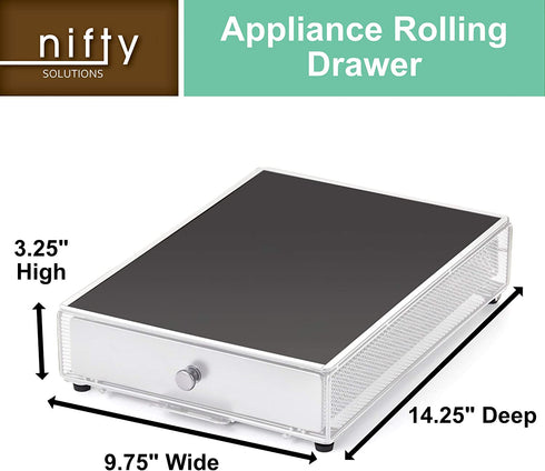 Nifty Appliance Rolling Drawer White Open Mesh, Office or Home Kitchen Counter Organizer, Non-Slip Mat Top for Coffee Maker, Stand Mixer, Blender, Toaster