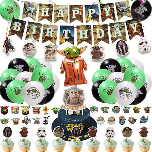 Birthday Decorations, Birthday Party Supplies with Foil Baby Yoda Balloon, Happy Birthday Banner, Cake Toppers, Balloons, Hanging Swirl, Stickers Party Decorations for Kids Boys Party