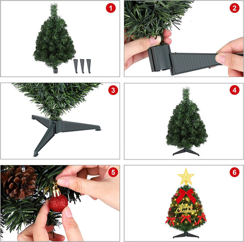 MCEAST Mini Green Christmas Tree Set 24 Inch Artificial Tabletop Xmas Tree Decorations with Tree Skirt, Red Bows, Pendants, Alphabetic String, Ornaments and Base for Home Holiday Christmas Decor, DIY