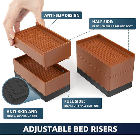 KONIGEEHRE 4 Pack Bed Risers Heavy Duty Adjustable Furniture Riser Stackable Lifts Height of 1.8? or 2.85? Supports Up to 1300Lbs for Bed Desk Sofa Table and Chair with 12pcs Non-Slip Pads?Brown?
