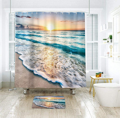 Riyidecor Ocean Beach Shower Curtain Seashore Sunrise 72x72 Inch Sunset Wave Summer Coastal Hawaii Cool Sea Seaside Scene Island Blue Nature Scenery Fabric Set Waterproof Bathroom Decor BB-JWXP