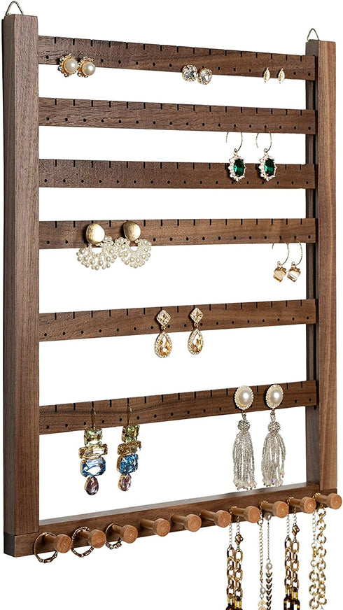 Mymazn Easy Assemble Solid Walnut Wood Earring Wall Holder Hanging Jewelry Organizer Necklace Holder Earring Hanger Wall Mount Jewelry Organizer for Necklaces Rings Scruncies Organization