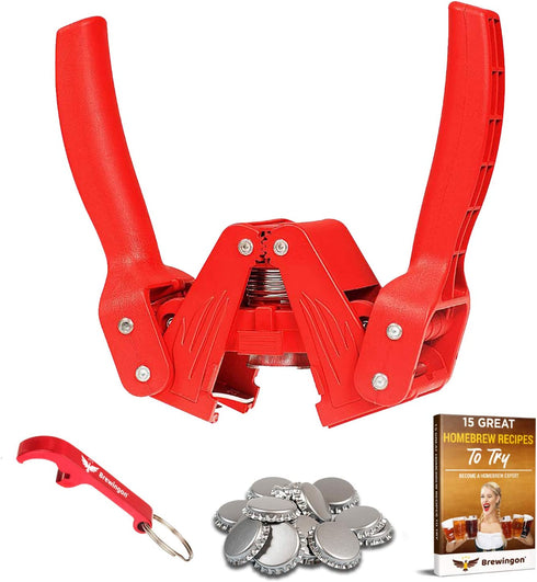 Bottle Capper - by Brewingon - Home Brewing Kit With 20 Caps and Red Opener - Perfect to Seal Your Bottles - Video and eBook - How to Make Your Own Craft Beer! 15 Great Homebrew Recipes to Try