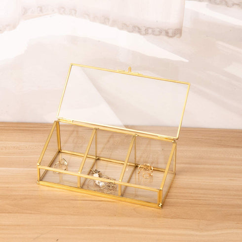 Feyarl Gold Glass Box Makeup Cosmetic Cotton Pads Box Jewelry Trinket Glass Box Flip Ring Earring Studding Necklace Box Clear Decorative Box Beauty Display