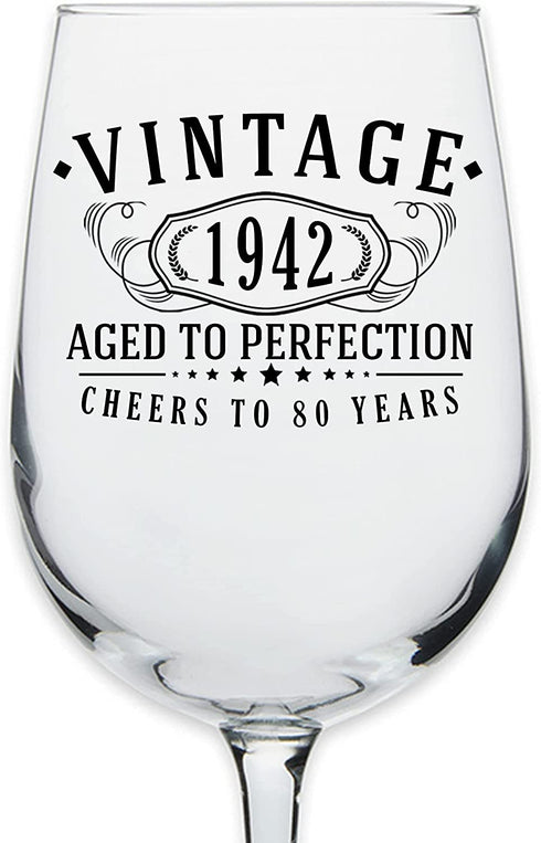 Vintage 1942 Printed 16oz Stemmed Wine Glass - 80th Birthday Aged to Perfection - 80 years old gifts