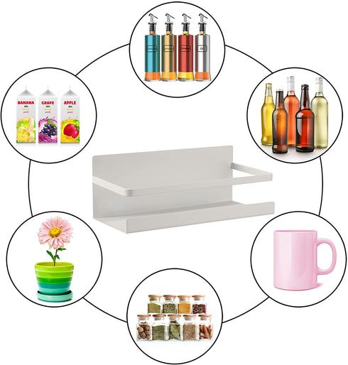 2 Pack Magnetic Spice Rack Seasoning Organizers Refrigerator Shelf W/ 4 Hooks Fridge Side Wall Mount Storage Rack Metal Jar Holder Utensils Towel Shelves Home Kitchen Organization Spice Stand -White