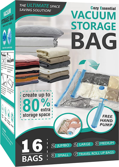 16 Pack Vacuum Storage Bags, Space Saver Bags (2 Jumbo/2 Large/3 Medium/3 Small/6 Roll) Compression Storage Bags for Comforters and Blankets, Vacuum Sealer Bags for Clothes Storage, Hand Pump Included