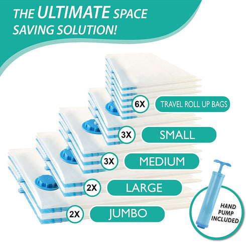 16 Pack Vacuum Storage Bags, Space Saver Bags (2 Jumbo/2 Large/3 Medium/3 Small/6 Roll) Compression Storage Bags for Comforters and Blankets, Vacuum Sealer Bags for Clothes Storage, Hand Pump Included