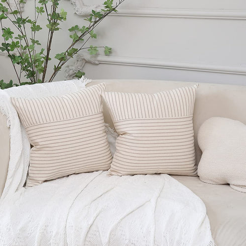 Hckot Khaki and Beige Patchwork Farmhouse Throw Pillow Covers 20 x 20 Inch, Pack of 2 Striped Linen Decorative Pillow Case for Sofa Couch Chair Bedroom Modern Decor (20" x 20", Khaki)