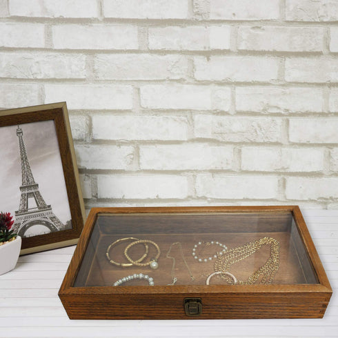 MOOCA Wood Glass Top Jewelry Display Case Accessories Storage, Wooden Jewelry Tray for Collectibles, Home Organization Box with Metal Clasp and Tempered Glass Top Lid, Brown