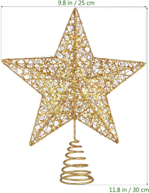 Toyvian Christmas Tree Topper Lighted Star - Gold Glitter Treetop Star LED Star Shape Light Hollow Star Xmas Party Decoration, 11.8 x 9.8 Inch, Gold