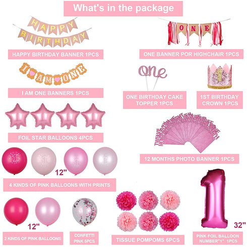 EAF 1st Birthday Girl Decorations 78PCS Pink 1st Birthday Decorations for Girl with Pink Tinsel Curtain, 12 Months Photo Banner, 1st Birthday Highchair Banner, I AM ONE and Happy Birthday Banner