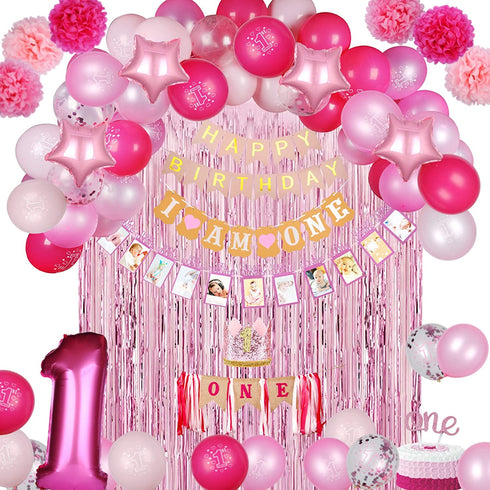 EAF 1st Birthday Girl Decorations 78PCS Pink 1st Birthday Decorations for Girl with Pink Tinsel Curtain, 12 Months Photo Banner, 1st Birthday Highchair Banner, I AM ONE and Happy Birthday Banner