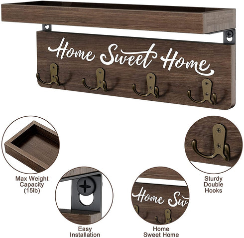 buways Wall-Mounted Key and Mail Holder, Wooden Key Rack with 4 Double Key Hooks, Rustic Home Decor for Entryway