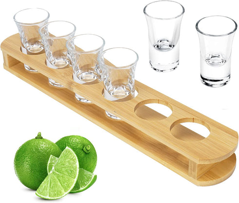 1 oz Shot Glasses with Holder, Shot Glass Set in Bamboo Wooden Shot Tray, D&Z 6 Heavy Base Shot Glasses for Whiskey/Vodka/Tequila/Cocktail/Soju, Shot Serving Tray, Good Helper for Bar/Restaurant/Party
