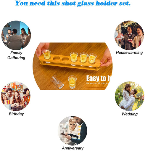 1 oz Shot Glasses with Holder, Shot Glass Set in Bamboo Wooden Shot Tray, D&Z 6 Heavy Base Shot Glasses for Whiskey/Vodka/Tequila/Cocktail/Soju, Shot Serving Tray, Good Helper for Bar/Restaurant/Party