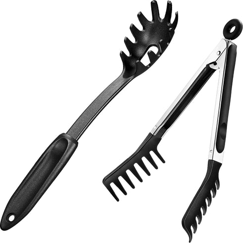 2 Pcs Spaghetti Tongs Silicone Pasta Server Tool Set, Small Size 12-Inch Spaghetti Spoon and 7.1-Inch Stainless Steel Handle Spaghetti Tong Food Clip for Spaghetti Noodle, Easy to Operate