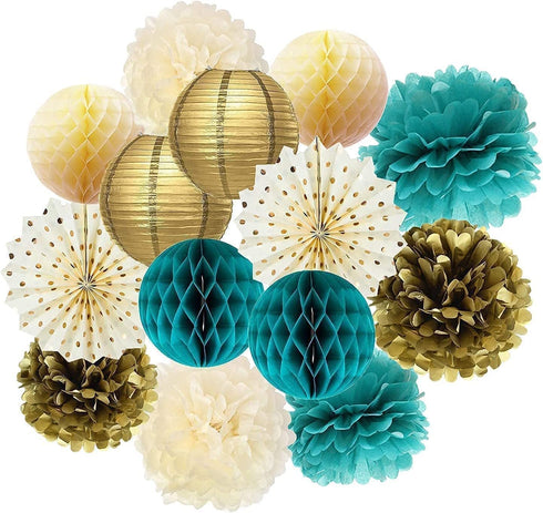 Teal Gold Birthday Party Decorations Women Gold Polka Dot Paper Fans for Teal Gold Wedding/Engagement Party/Bridal Shower Decorations/Bachelorette Party Decorations/Turquoise Party Decorations