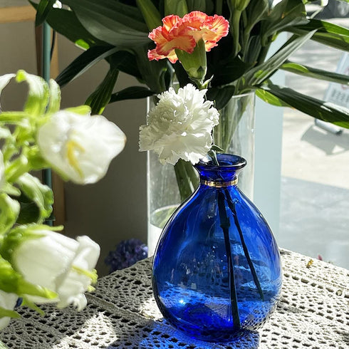 YILE Glass Vase for Flowers, Rounded Small Blue Glass Vase for Home Decor Gift Centerpieces Events (Dark Blue & Gold)