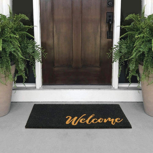 mDesign Rectangular Coir and Rubber Entryway Welcome Doormat with Natural Fibers for Indoor or Outdoor Use - Decorative Script Welcome Design - Black/Natural