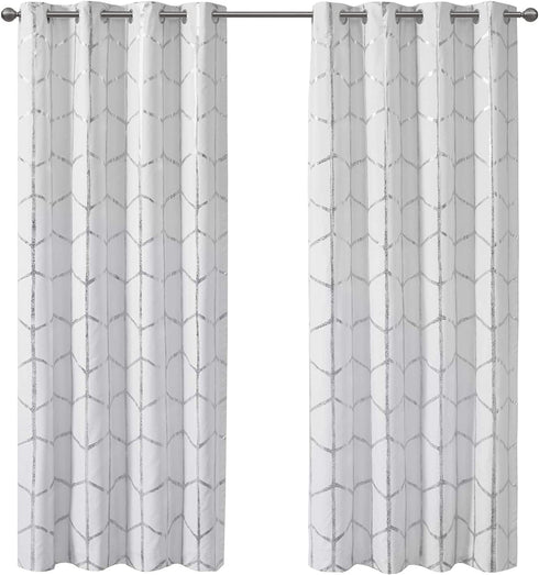 Intelligent Design Raina Total Blackout Metallic Print Grommet Top Single Curtain Panel Thermal Insulated Light Blocking Drape for Bedroom Living Room and Dorm, 50x84, White/Silver 1 Piece