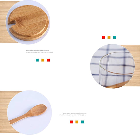 Hniuyun Condiment Container Seasoning Box Set, Glass Condiment Canisters Pots, Salt Sugar Spice Coffee Jar with Bamboo Wooden Spoon Lid and Base, Set of 3