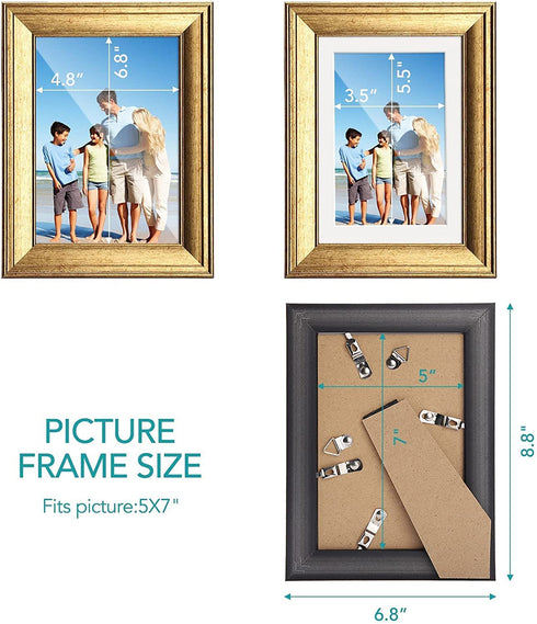 TWING 5x7 Gold Picture Frames Set of 6, Gold Frames Display Pictures 4x6 with Mat or 5x7 Without Mat, Tabletop Display and Wall Mounting Home Decorative Photo Frames, Set for Wall Gallery
