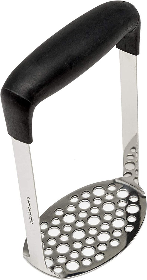 Cooking Light Heavy Duty Stainless Steel Masher, Broad and Ergonomic Horizontal, Fine Plate for Smooth Mashed Potatoes, Soft Grip and Non-Slip Handle, Stainless, Black
