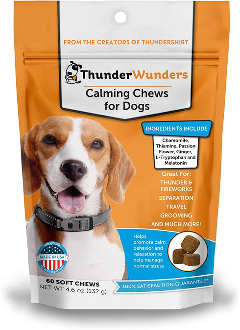 ThunderWunders Dog Calming Chews | Thiamine, L-Tryptophan, Melatonin and Ginger | Can Help Relieve Stress from Separation, Storms, Fireworks & Travel (60 Count)