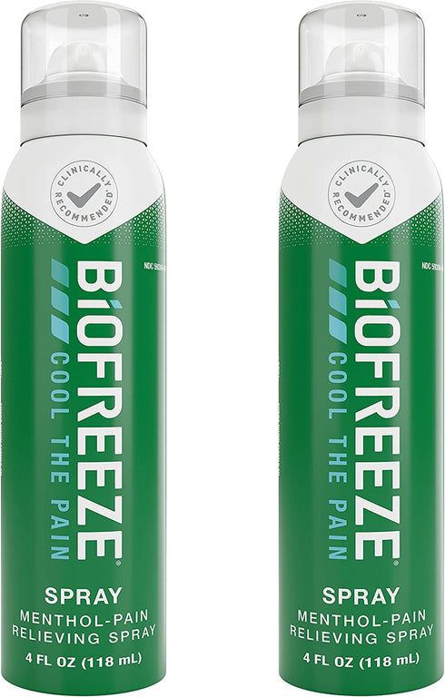 Biofreeze Menthol Pain Relieving Spray 4 FL OZ Colorless Aerosol Spray (Pack Of 2) For Pain Relief Associated With Sore Muscles, Arthritis, Simple Backaches, And Joint Pain (Packaging May Vary)