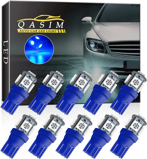 Qasim 194 Led Bulb Blue, T10 W5W 2825 158 192 168 194 Wedge 5-SMD 5050 Ultra Blue LED Light bulb Car Interior Lights 12V DC (Pack of 10)
