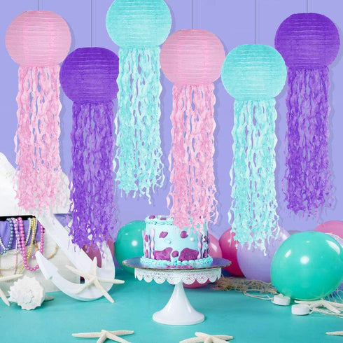 Jelly Fish Paper Lanterns, Pink Purple Blue Hanging Lantern for Mermaid Unicorn Theme Under The Sea Ocean Birthday Party Decorations Set of 6